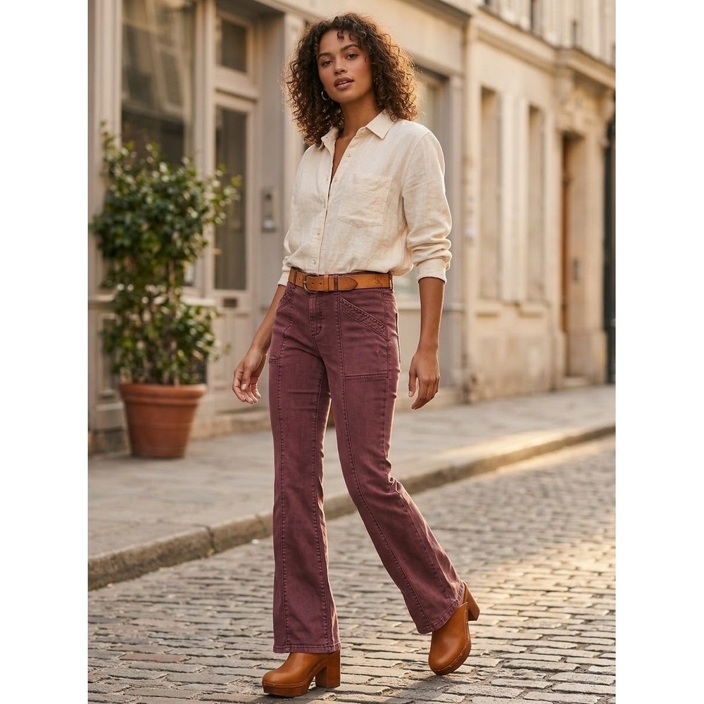 Pilcro and the Letterpress Flare Pants Burgundy Mid Rise Utility Size 26